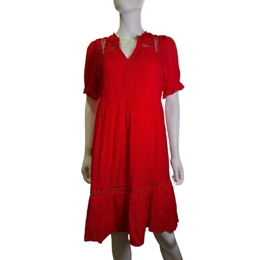 Indigo Rose Embroidered Red Lace Boho Midi Dress Short Sleeve Polyester Sz M EUC